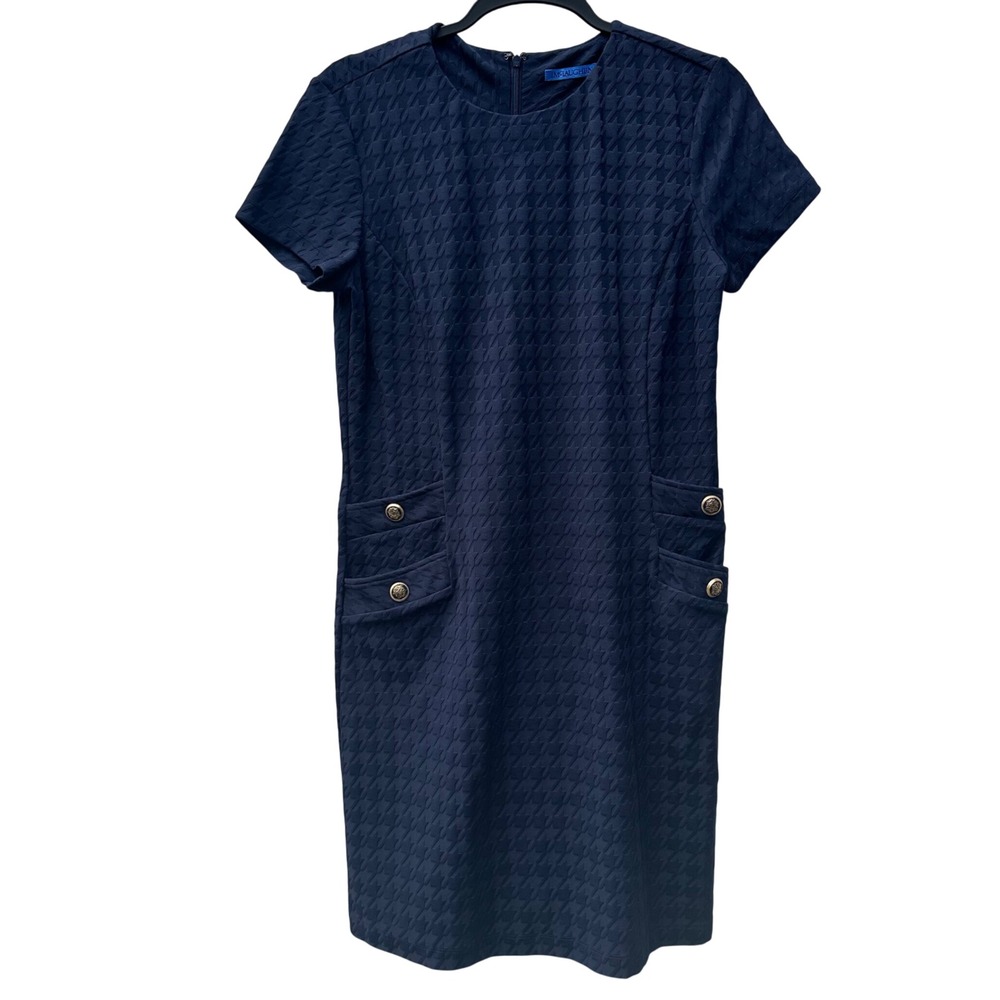 J McLaughlin Houndstooth‎ Textured Sheath Dress Gold Button Pocket Women Small